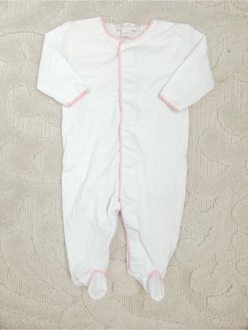 Kissy Kissy Premiere pink trim sleeper footie 0-3m EUC